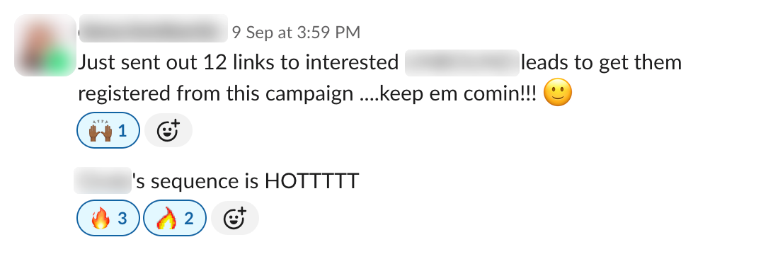 Slack message: 12 interested leads sent registration links from one campaign.