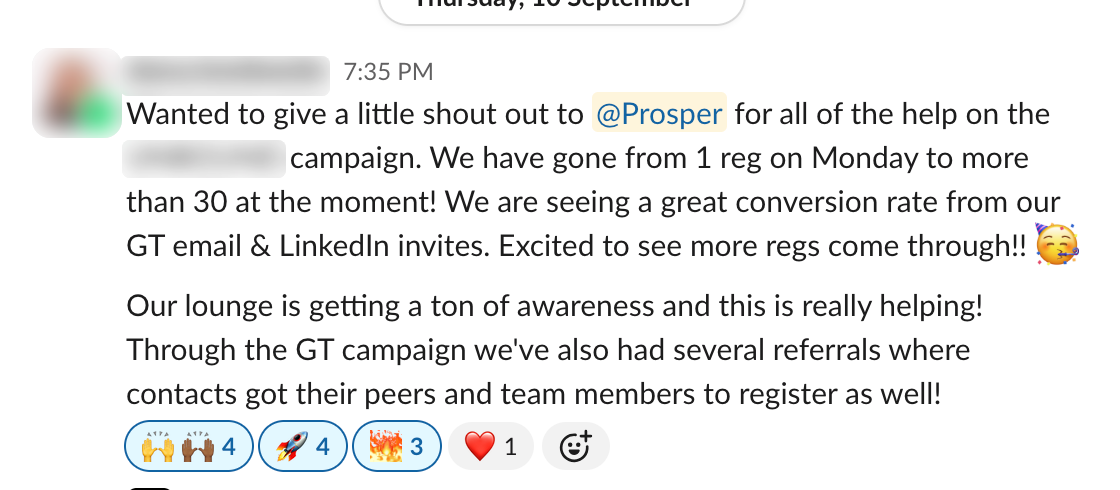 Slack message: From 1 registration on Monday to 30+ by Thursday — plus peer referrals.