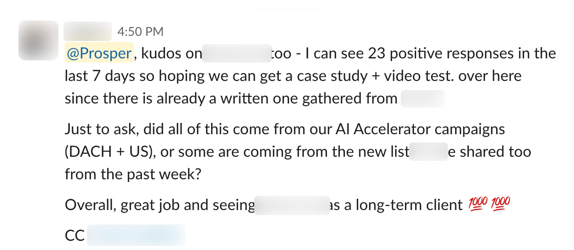 Slack message: 23 positive responses in 7 days. Client marked long-term.